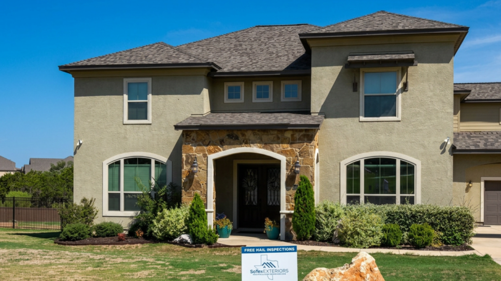 Roof inspection San Antonio after a hailstorm showing a professional roofer checking asphalt shingles, flashing, gutters, and hidden storm damage on a Texas home.